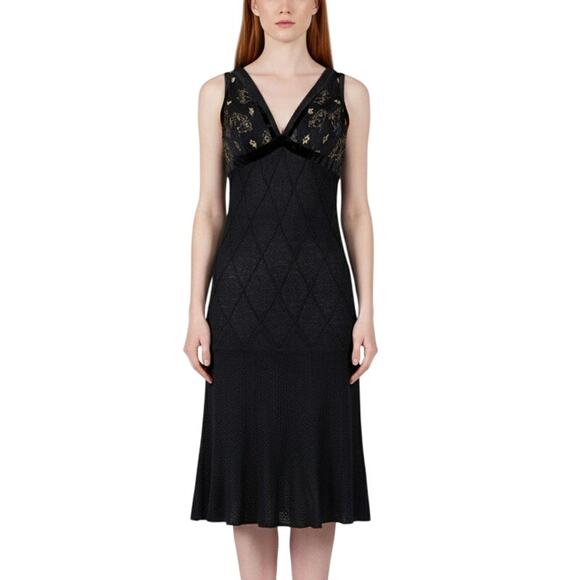 NEW ST. JOHN Evening Black Knit Cocktail Dress Gold Lace V-neck Sz 2 $1495 - Picture 1 of 12